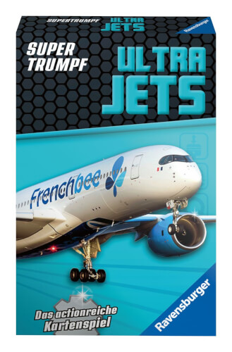 Auf dem Bild ist die Verpackung des Kartenspiels "Ultra Jets" von Ravensburger zu sehen. Auf der Vorderseite ist ein Flugzeug der Fluggesellschaft Frenchbee abgebildet.