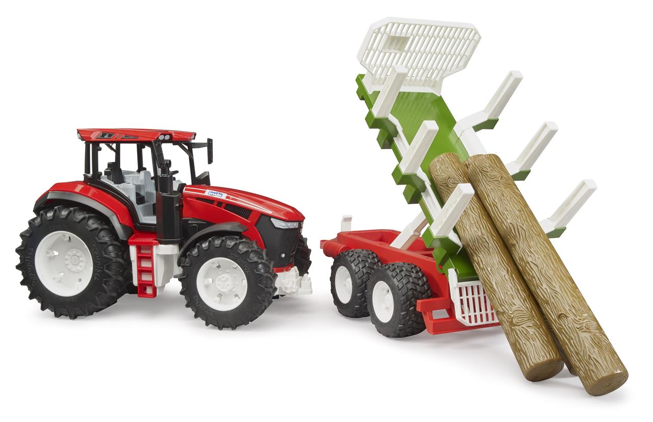 Das Bild zeigt einen roten ROADMAX Traktor mit einem Rückeanhänger. Auf dem Anhänger liegen zwei große Holzstämme.