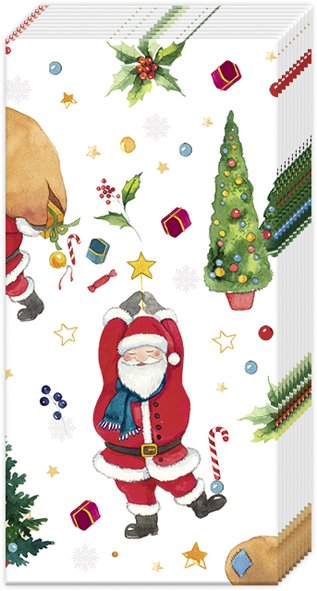 Das Produkt ist SANTAS LOOK Papiertaschentücher PT 915400. Es zeigt eine weihnachtliche Packung Papiertaschentücher mit Santa-Motiv.