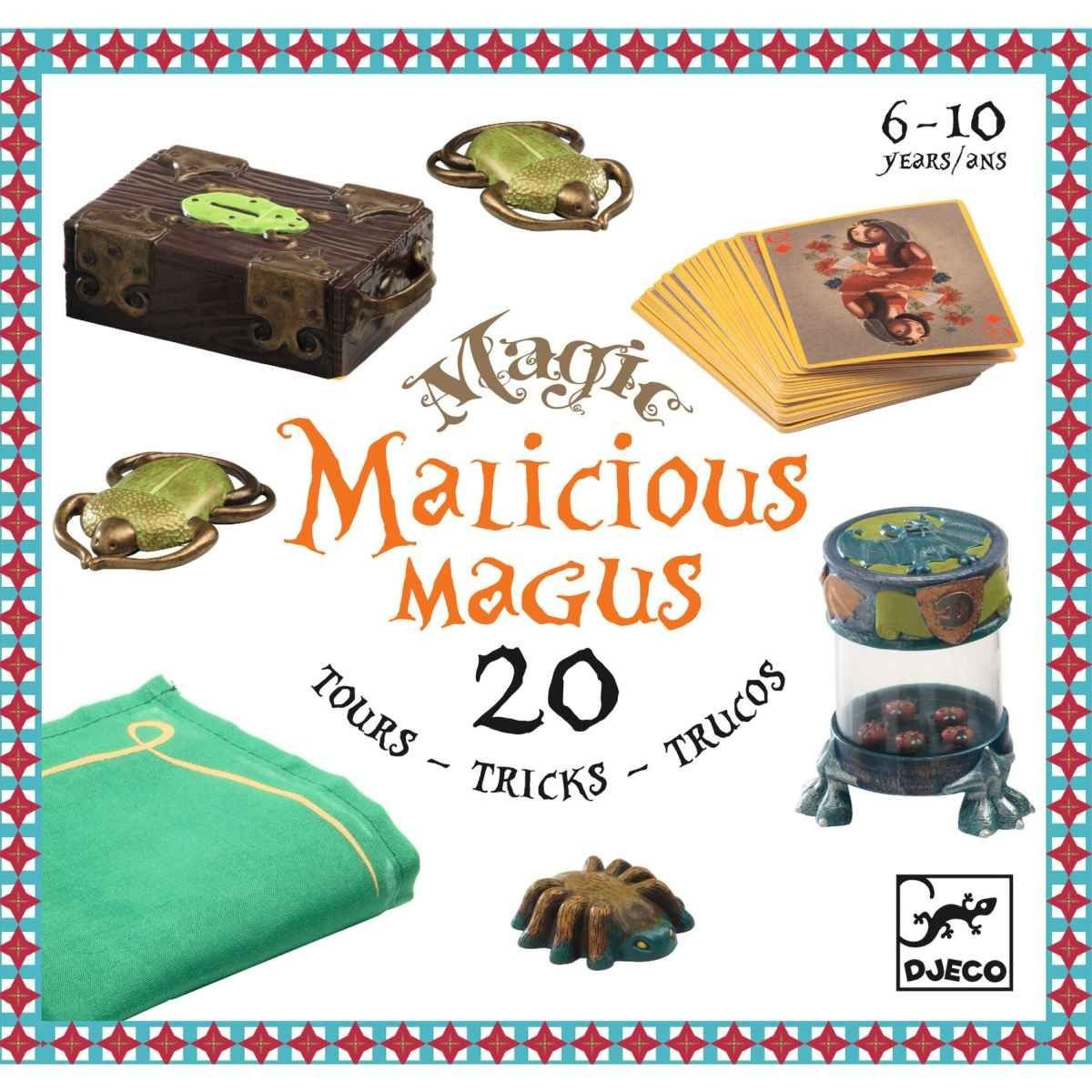 Dieses Bild zeigt das Zauberset "Malicious Magus" für Kinder von 6 bis 10 Jahren. Das Set enthält verschiedene Zauberutensilien für 20 Zaubertricks.