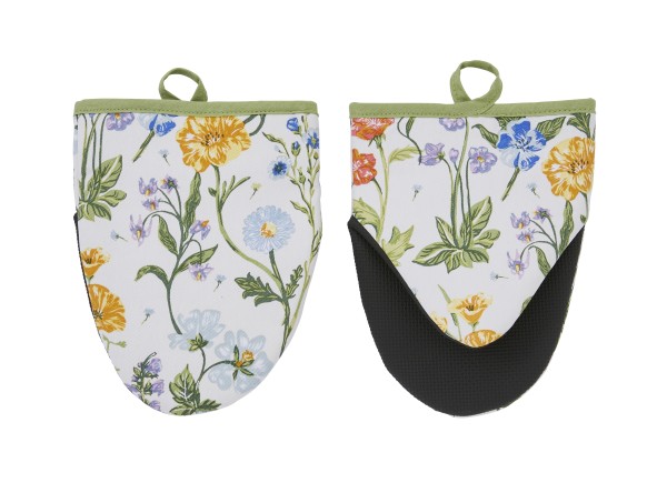 Das Bild zeigt ein 2er Set Minitopflappen mit dem Namen "Cottage Garden". Die Topflappen sind mit bunten Blumenmotiven bedruckt und haben eine grüne Umrandung.