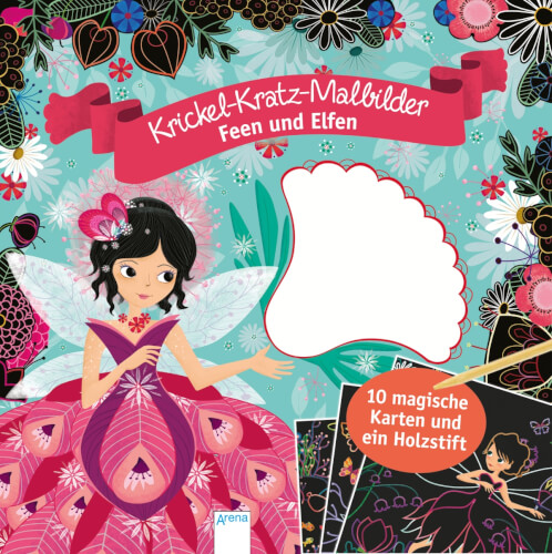 Auf dem Bild ist eine Fee mit dunklen Haaren und bunten Flügeln inmitten von Blumen zu sehen. Es handelt sich um ein Kratzbilder-Malbuch mit dem Titel „Krickel-Kratz-Malbilder Feen und Elfen“.
