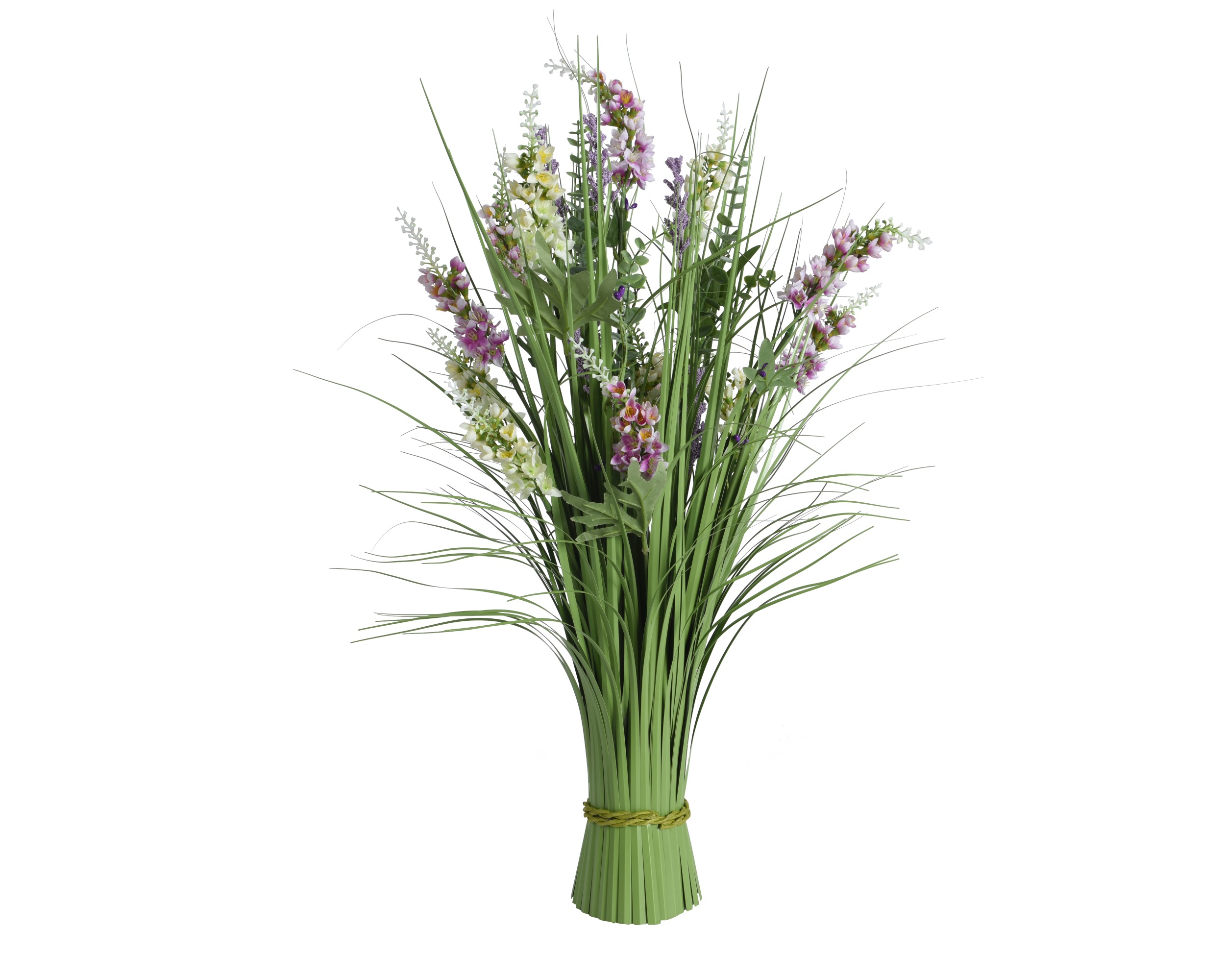 Hier ist ebenfalls grünes Polyester-Gras mit anderen Farben zu sehen. Es ist dekorativ und künstlich hergestellt.