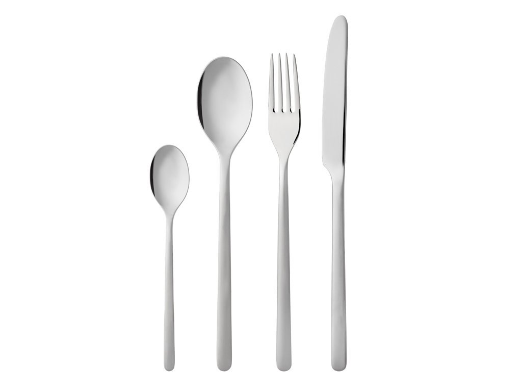 Das Bild zeigt ein 16-teiliges Besteckset in matt/glänzendem Design. Zu sehen sind ein Teelöffel, ein Esslöffel, eine Gabel und ein Messer.