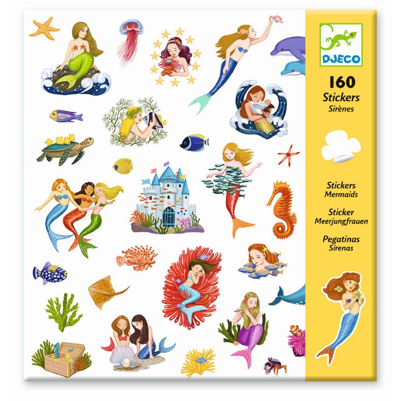 Das Bild zeigt ein Set mit bunten Meerjungfrauen-Stickern von Djeco. Auf der Verpackung steht, dass 160 Sticker enthalten sind.