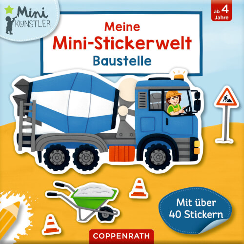 Auf dem Bild ist ein buntes Stickerbuch mit einem Betonmischer und Baustellenmotiven zu sehen. Es heißt "Meine Mini-Stickerwelt Baustelle" und enthält über 40 Sticker.