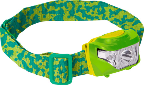 Das Bild zeigt eine grüne Stirnlampe mit einem gemusterten, verstellbaren Band. Die Lampe hat ein modernes Design und einen großen Schalter oben.