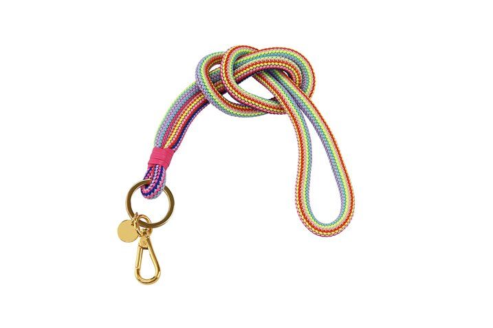 Hier ist der Metropolitian Lanyard in rainbow pink/gold abgebildet. Das Produkt besticht durch ein elegantes und farbenfrohes Erscheinungsbild.