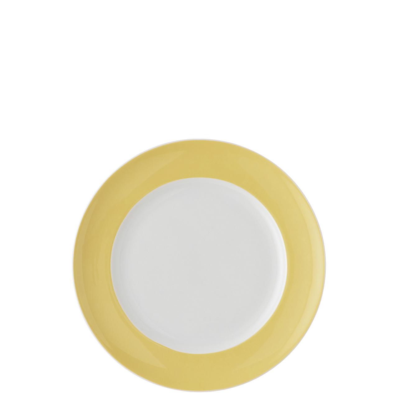 Der Teller hat einen Durchmesser von 22 cm und gehört zur Serie "Sunny Day / Soft Yellow". Er ist in der Mitte weiß und hat einen gelben Rand.