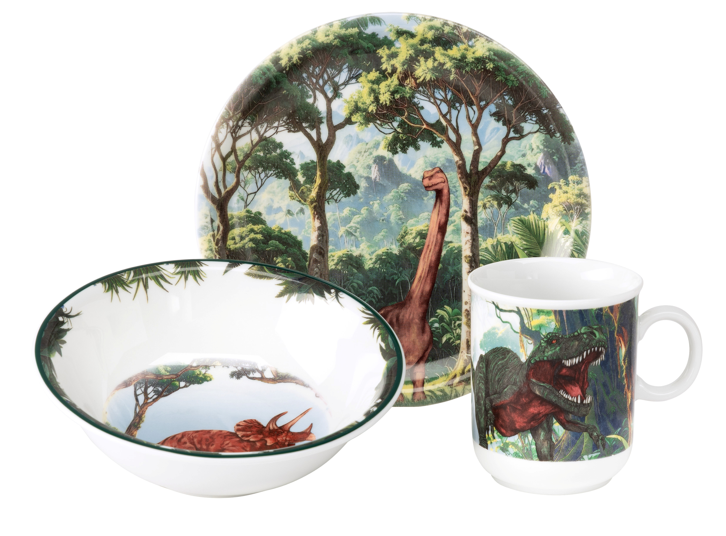 Kinder-Set 3-teilig W "Dino". Das Set enthält kindgerechtes Geschirr mit Dinosaurier-Motiv.