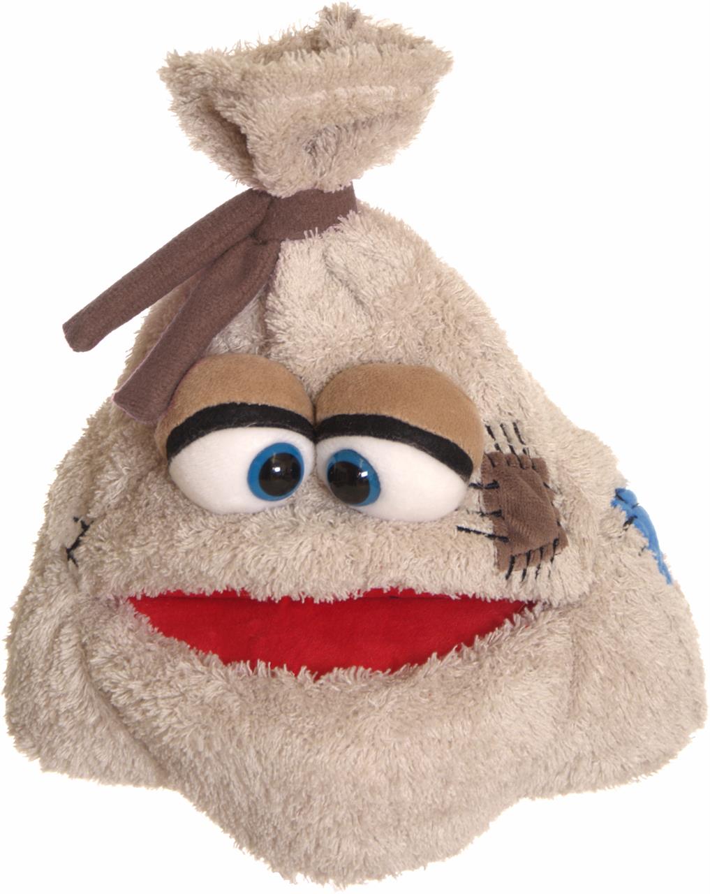 Die Abbildung zeigt eine Handpuppe namens "Alter Sack". Sie hat große, blaue Augen, einen roten Mund und sieht aus wie ein Sack mit Stoffflicken.
