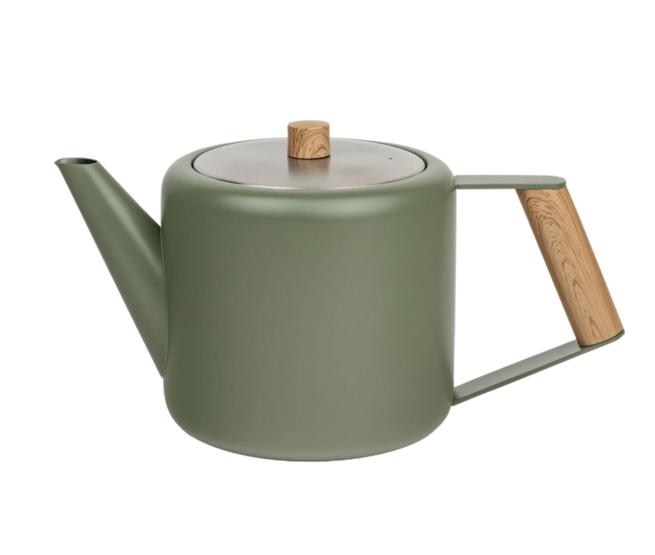 Teekanne Duet Boston armeegrün ist auf dem Bild zu sehen. Die Teekanne hat ein modernes Design mit einer grünen Farbe.