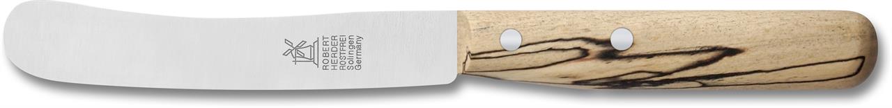 Das Bild zeigt ein Frühstücksmesser mit einer abgerundeten, rostfreien Klinge. Der Griff besteht aus hellem Eisbuchenholz mit dunkler Maserung.