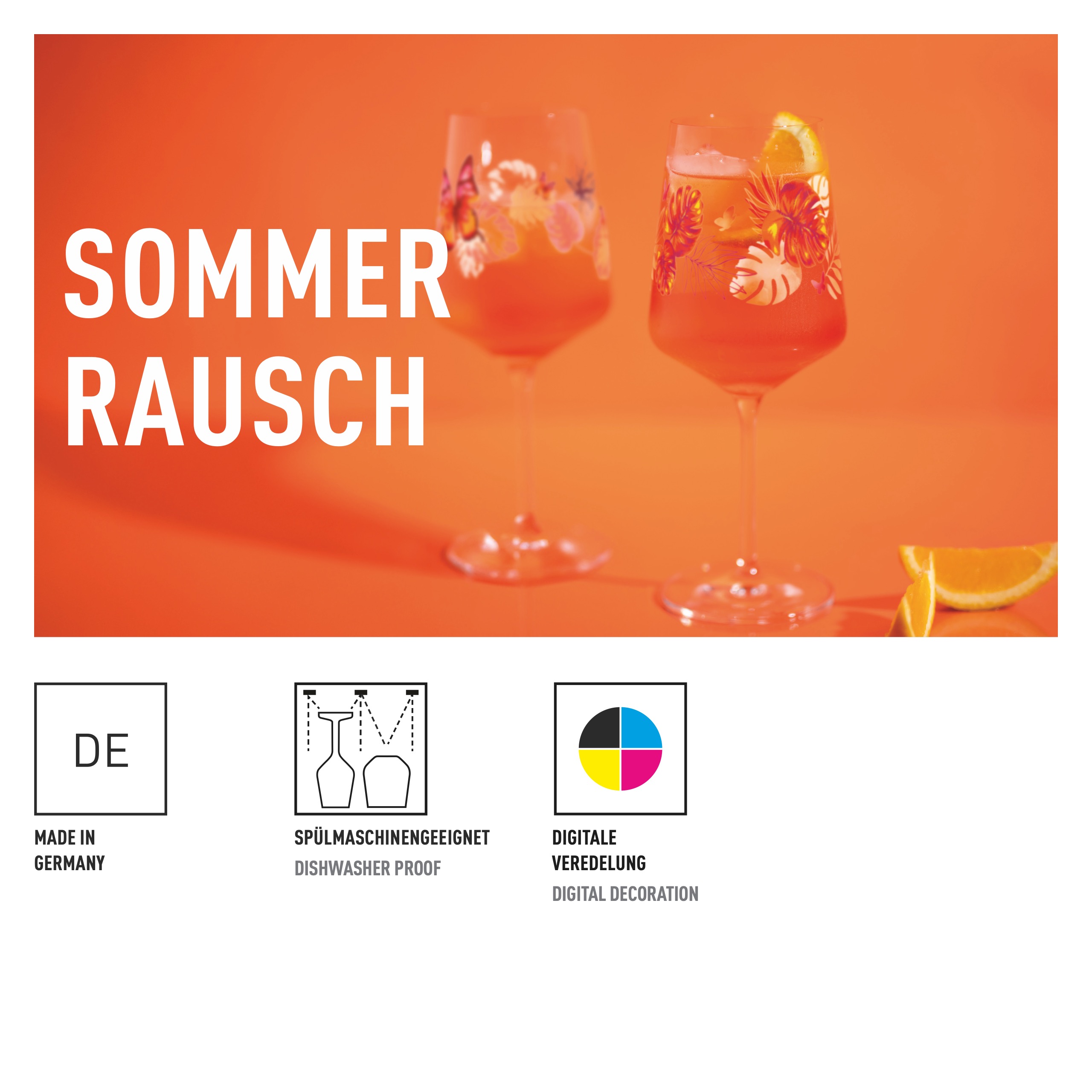 Abgebildet ist das PROM Sommerrausch Aperizzo 4er-Set F25. Das Set überzeugt durch seine sommerliche Optik.
