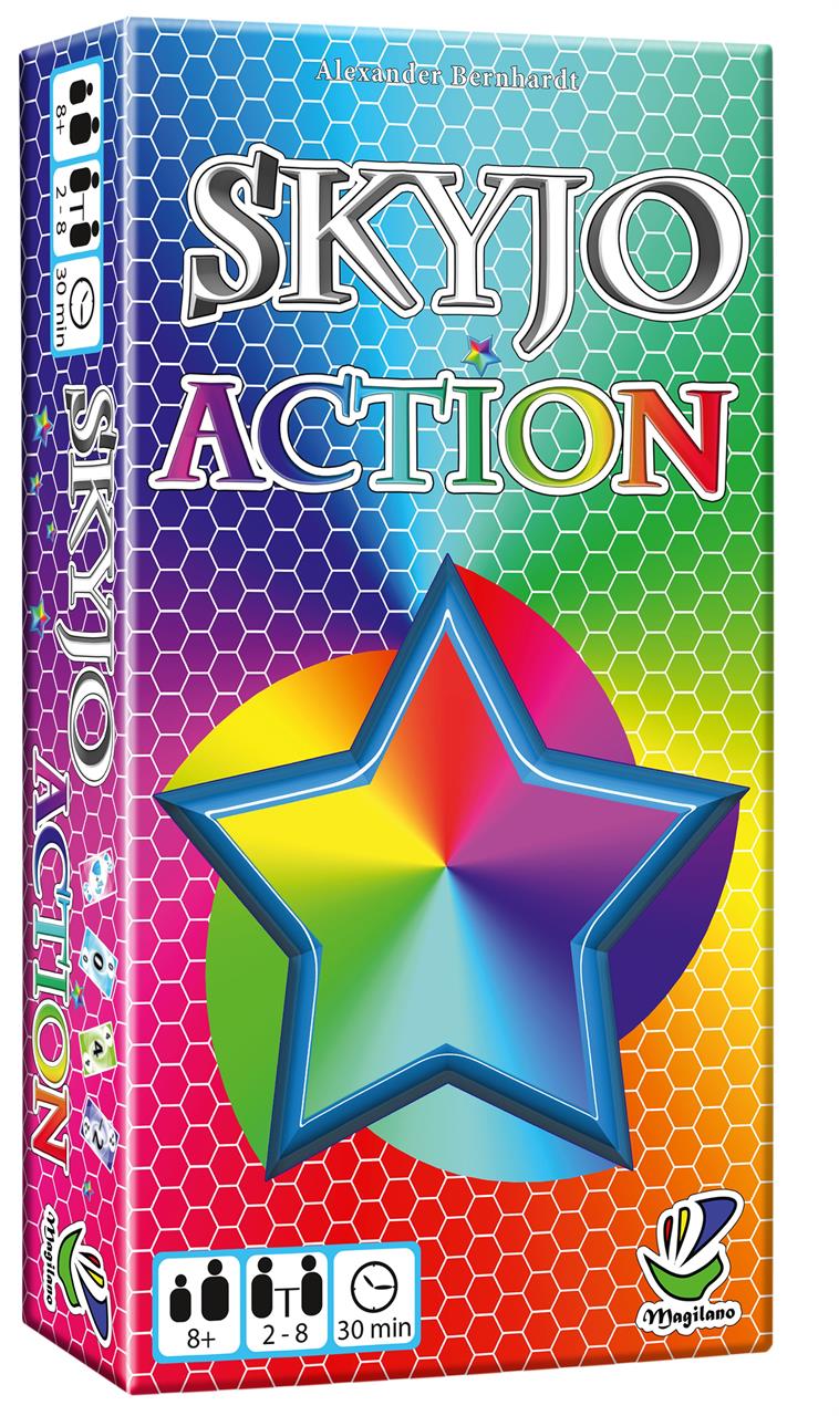 Das Bild zeigt die Verpackung des Kartenspiels "Skyjo Action". Die Schachtel ist bunt gestaltet mit einem großen Stern in der Mitte und hexagonalen Mustern im Hintergrund.
