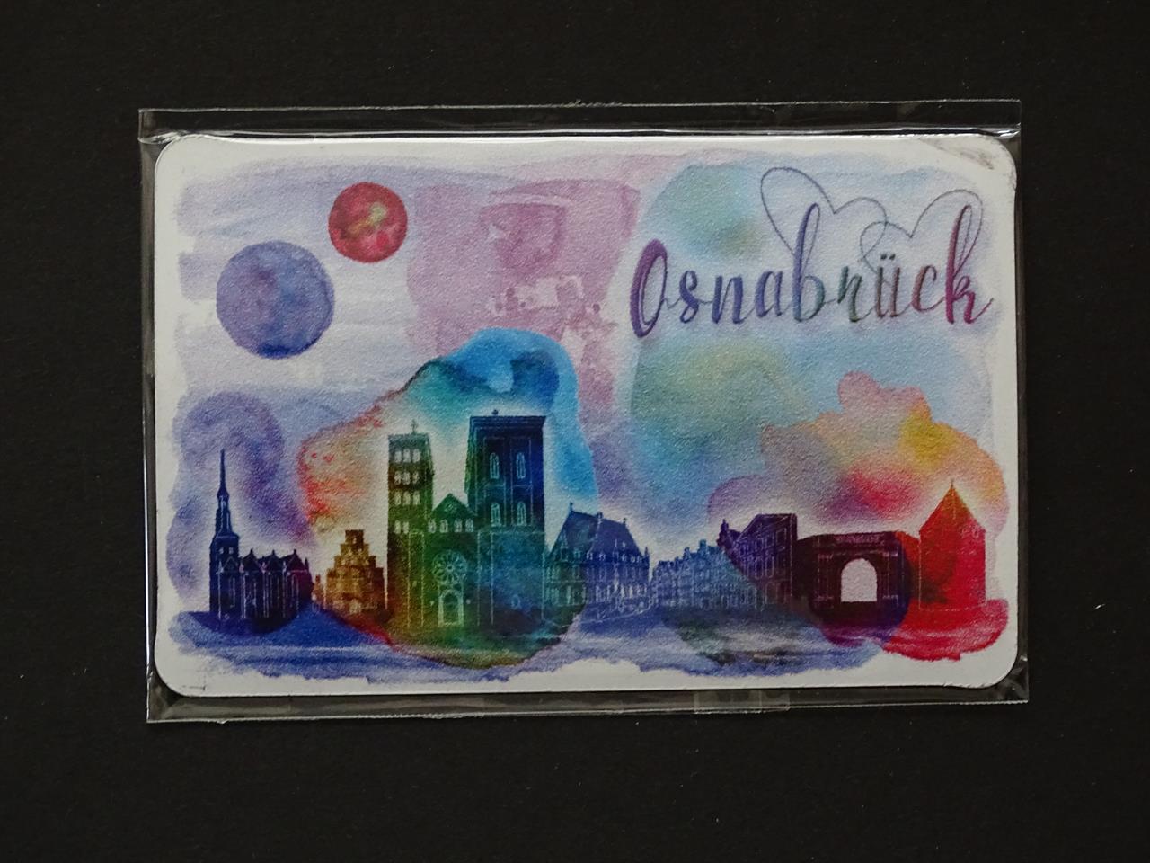 Das Bild zeigt einen Magneten mit einer bunten, künstlerischen Darstellung von Osnabrück und seinen Wahrzeichen. Oben rechts steht das Wort "Osnabrück" in dekorativer Schrift.