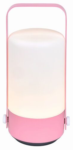 Die Abbildung zeigt eine moderne, tragbare Lampe mit einem Griff. Sie hat eine weiße Leuchtfläche und einen rosa Sockel.