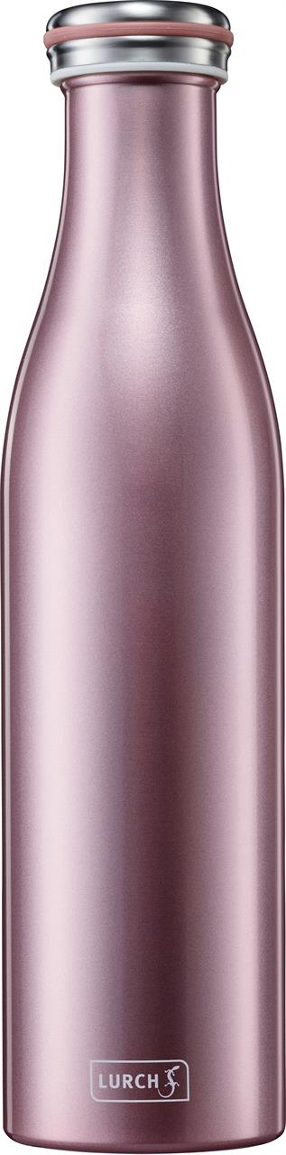 Die Abbildung zeigt eine Isolierflasche aus Edelstahl mit einem Fassungsvermögen von 0,75 Litern in Rosegold. Die Flasche hat ein schlichtes, modernes Design und ist mit einem silbernen Schraubverschluss versehen.