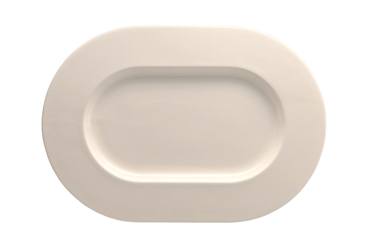 Das Bild zeigt eine ovale, weiße Platte mit glattem Rand. Die Platte ist schlicht gestaltet und misst 41 cm in der Länge.