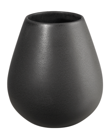 Auf dem Bild ist eine schwarze Vase mit runder, bauchiger Form zu sehen. Die Oberfläche der Vase wirkt matt und glatt.