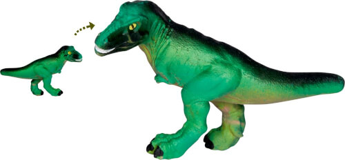 Auf dem Bild ist ein grüner Dinosaurier zu sehen, der wächst. Links sieht man den Dinosaurier in klein, rechts in größerer Form.
