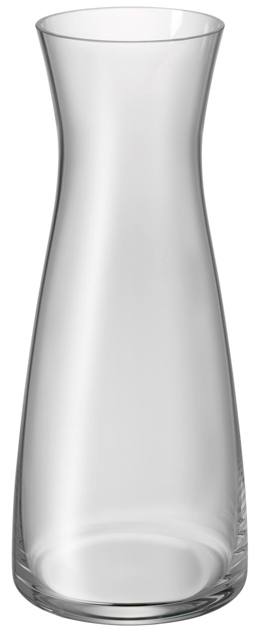 Das Bild zeigt eine transparente Glaskaraffe mit einem Fassungsvermögen von 0,75 Litern. Die Karaffe hat eine elegante, schlanke Form und ist als Ersatzglas gedacht.