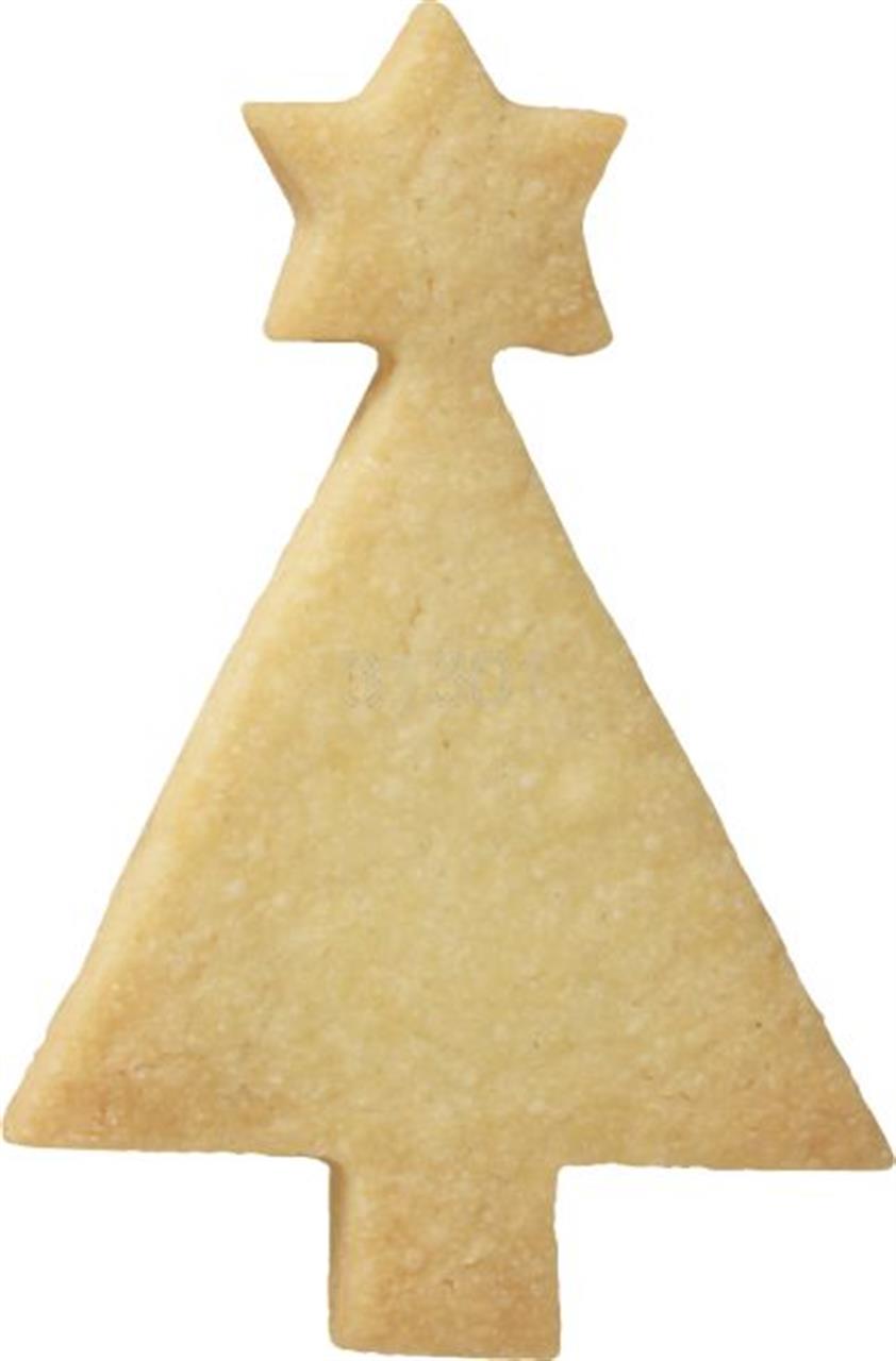 Das Bild zeigt einen Keks in Form eines Weihnachtsbaums mit Stern oben. Es handelt sich um das Produkt "Ausstechform, Weihnachtsbaum 7,5 cm".