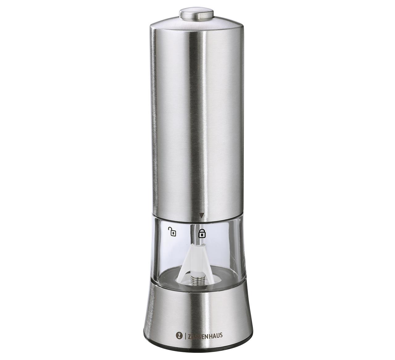 Auf dem Bild ist eine elektrische Pfeffermühle aus Edelstahl zu sehen. Sie ist 18 cm hoch und kann per USB aufgeladen werden.