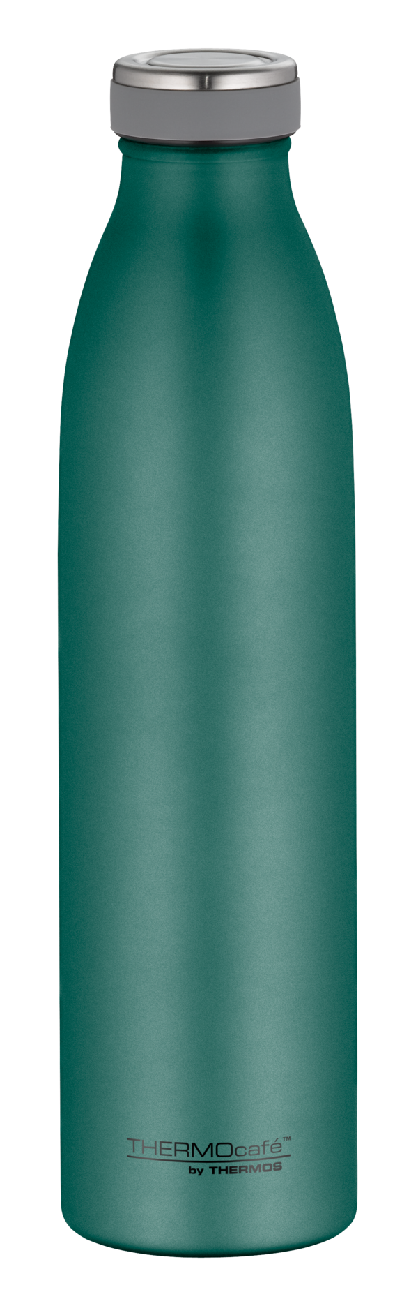 Auf dem Bild ist eine grüne Thermosflasche mit silbernem Deckel zu sehen. Unten auf der Flasche steht "THERMOcafé by THERMOS".