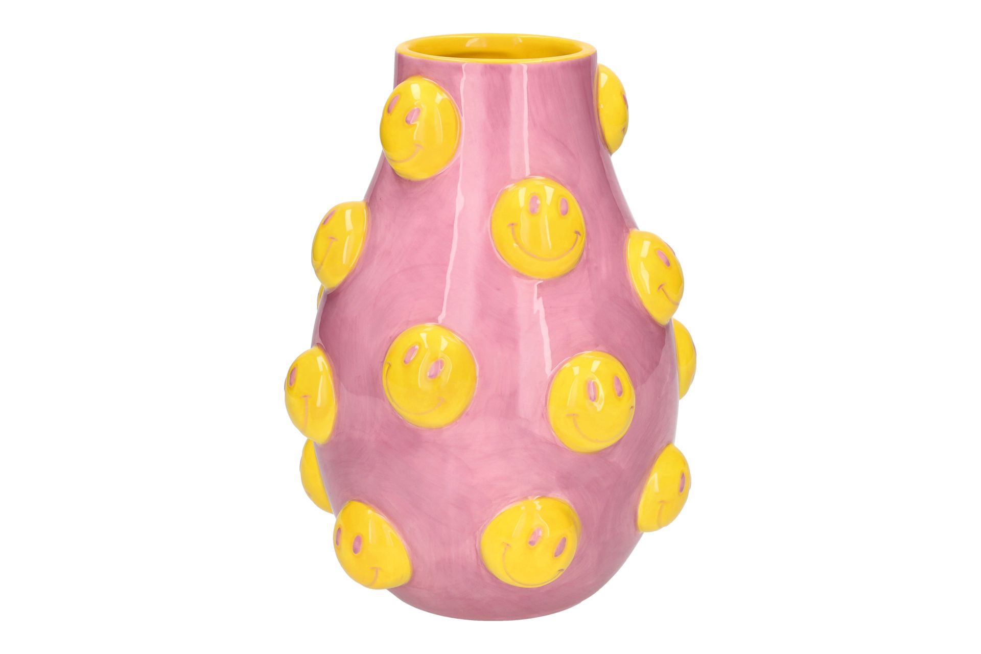 Das Bild zeigt die Artisan Vase Smile in Größe L. Sie ist in den Farben Rosa und Gelb gestaltet.