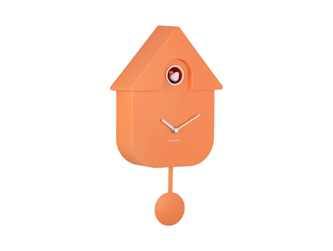 Die Abbildung zeigt eine moderne Kuckucksuhr in Orange aus ABS-Kunststoff. Die Uhr hat die Maße 40x9x23 cm und besitzt ein schlichtes, hausförmiges Design.