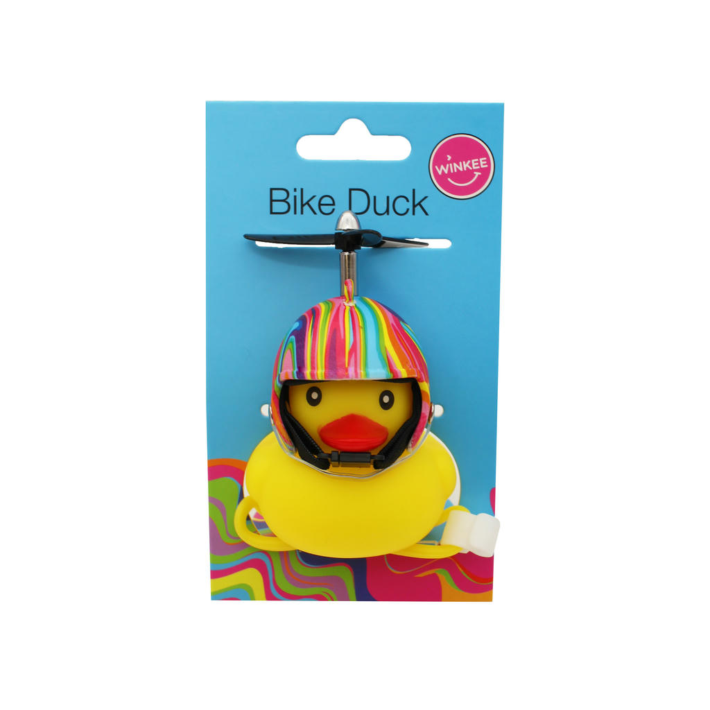 Mit Fahrrad Quietscheentchen mit Helm Flower Power macht das Fahrradfahren noch mehr Spaß. Die Ente trägt einen Blumenhelm.