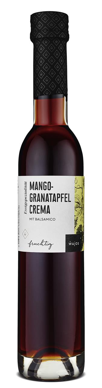 Auf dem Bild ist eine Flasche Mango-Granatapfel Crema mit Balsamico von der Marke Wajos zu sehen. Die Flasche enthält 250 ml einer fruchtigen Essigzubereitung mit 4% Säure.