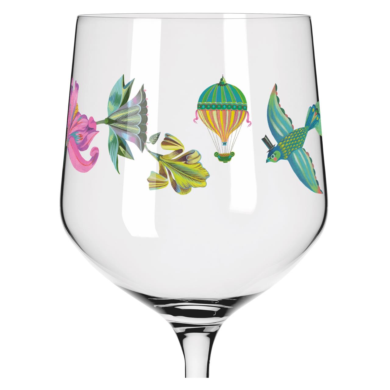 Auf dem Glas sind bunte Illustrationen von Blumen, einem Heißluftballon und einem Vogel mit Zylinder zu sehen. Das Glas ist klar und hat eine elegante Form.