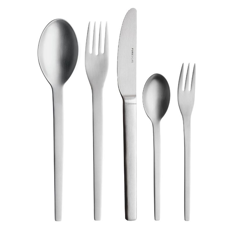 Das Bild zeigt ein fünfteiliges Besteckset aus Edelstahl mit modernem Design. Es gehört zum Produkt "Menübesteck 30tlg Cuatro".