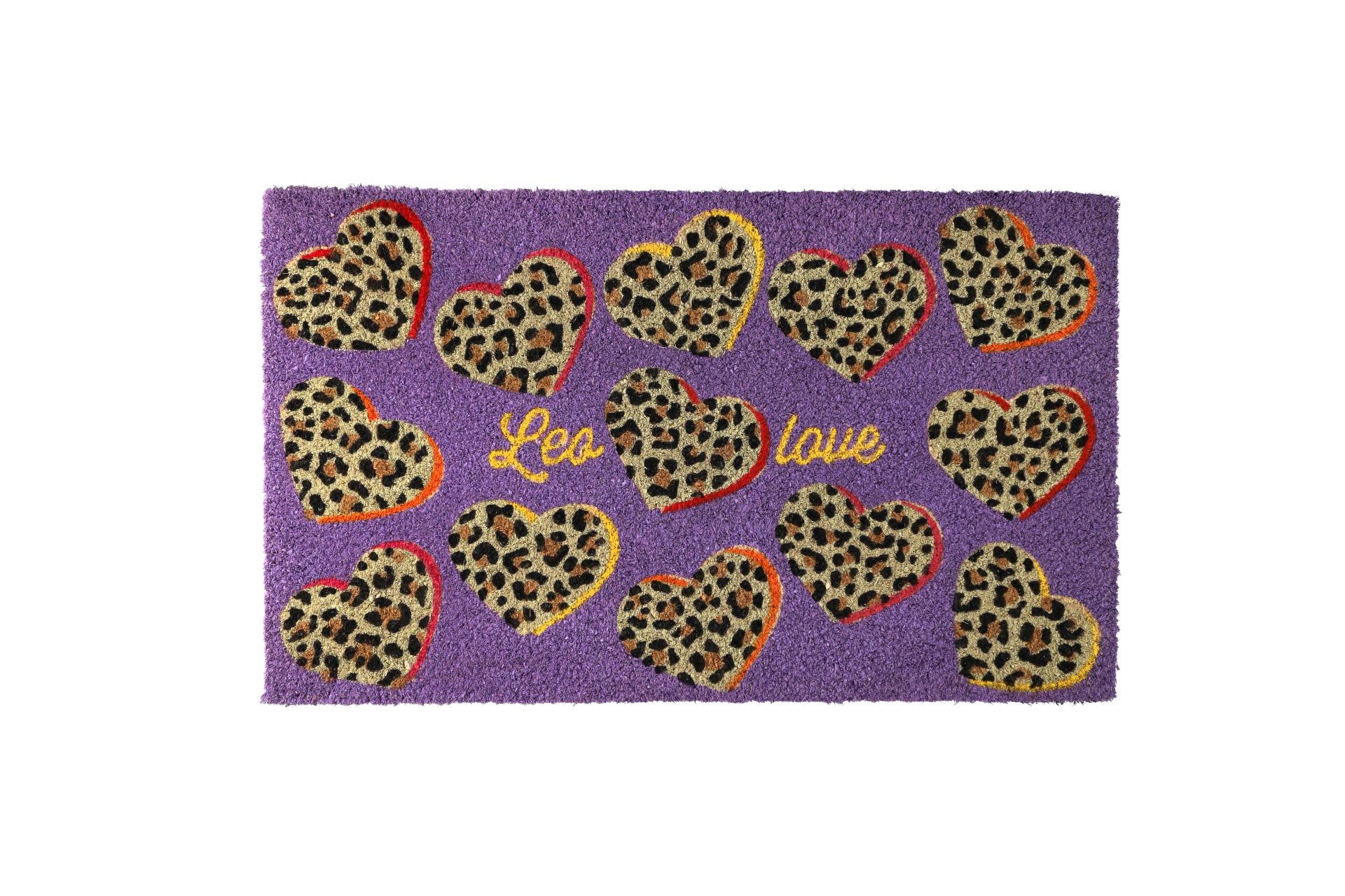 Die Abbildung zeigt die Fußmatte 'Leo Love' in Lila. Das moderne Design setzt einen fröhlichen Akzent vor der Tür.