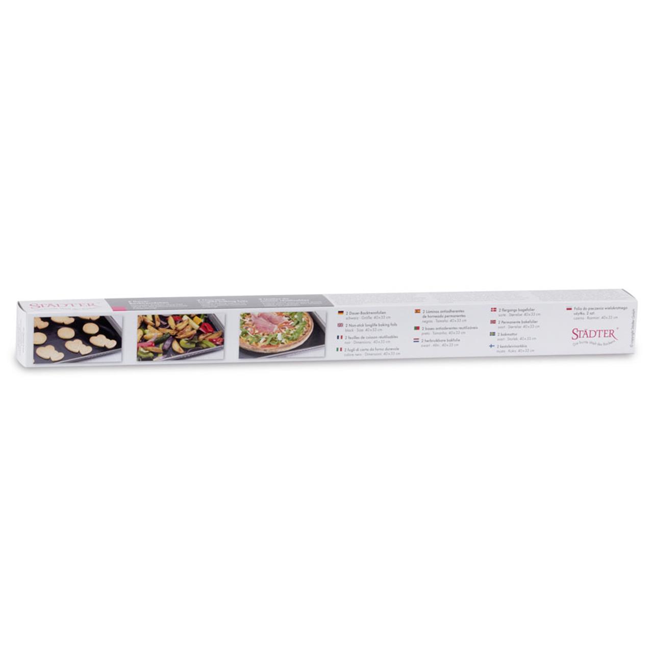 Auf dem Bild ist eine Verpackung der Dauerbackfolie von Städter zu sehen. Auf der Verpackung sind Bilder von gebackenen Keksen, Gemüse und einer Pizza abgebildet.