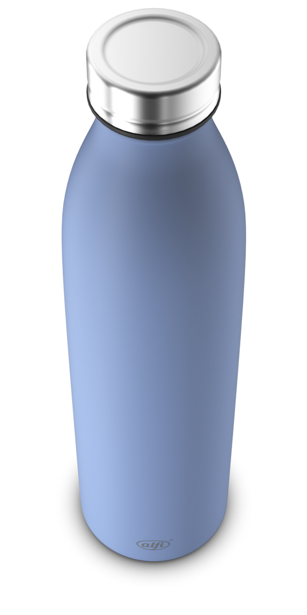 Dargestellt ist eine hellblaue Isolierflasche frontal. Sie steht stabil und wirkt solide.