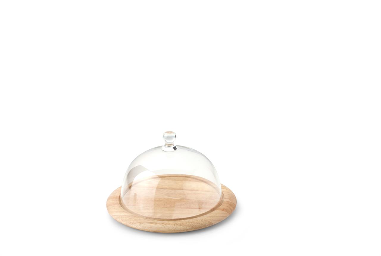 Das Bild zeigt eine Käseglocke aus zwei Teilen mit einer runden Holzplatte und einer Glashaube. Die Käseglocke hat einen Durchmesser von 26 cm und besteht aus Gummibaumholz.