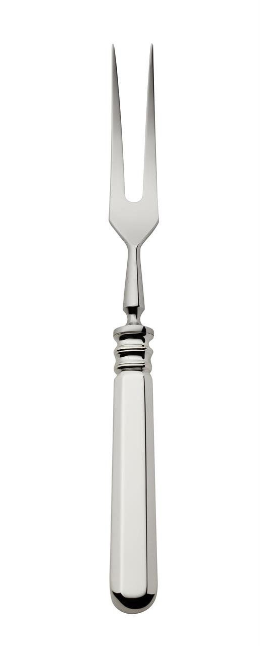 Das Bild zeigt eine silberne Tranchiergabel mit zwei langen Zinken. Sie hat einen glänzenden, eleganten Griff und wirkt sehr hochwertig.