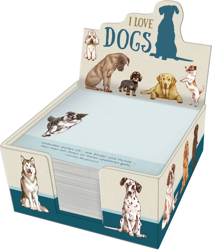 Gezeigt wird das 'Zettelkästchen I Love Dogs (Cats&Dogs)'. Es handelt sich um ein Kästchen zur Aufbewahrung von Notizzetteln mit Hunden als Motiv.