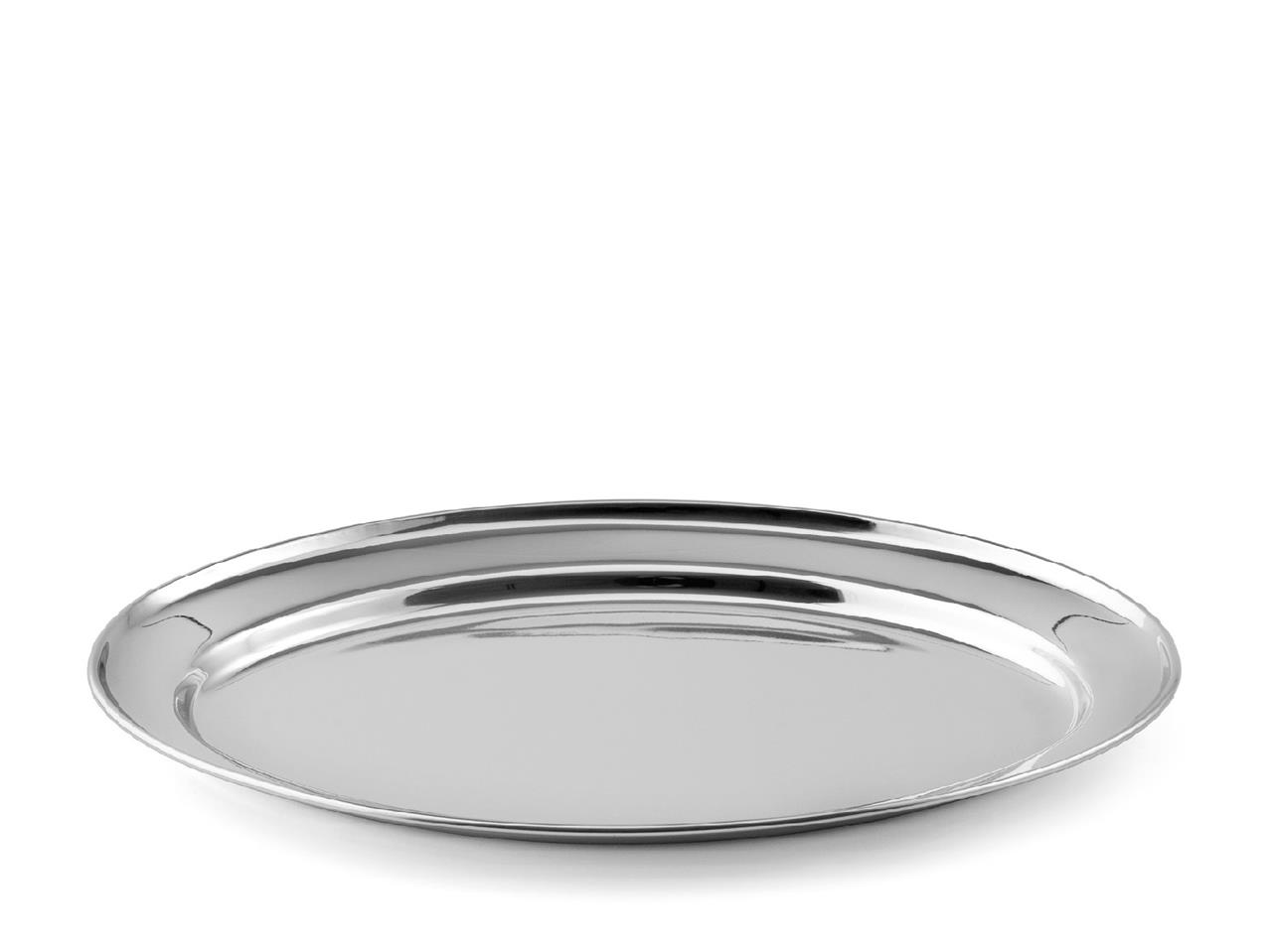 Das Bild zeigt eine ovale Servierplatte aus Metall mit einer Länge von 45 cm. Die Oberfläche ist glatt und glänzend.