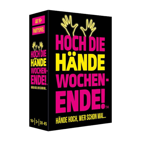 Auf dem Bild ist eine Spielschachtel mit der Aufschrift „Hoch die Hände Wochenende!“ zu sehen. Die Schachtel ist schwarz mit pink-gelber Schrift und zeigt zwei erhobene Hände.
