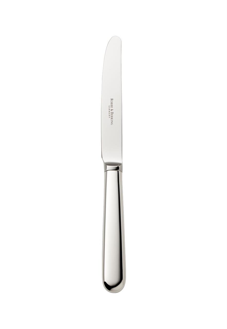 Das Bild zeigt ein glänzendes Menümesser mit schlichtem Design. Auf der Klinge steht die Gravur „Robbe & Berking“.
