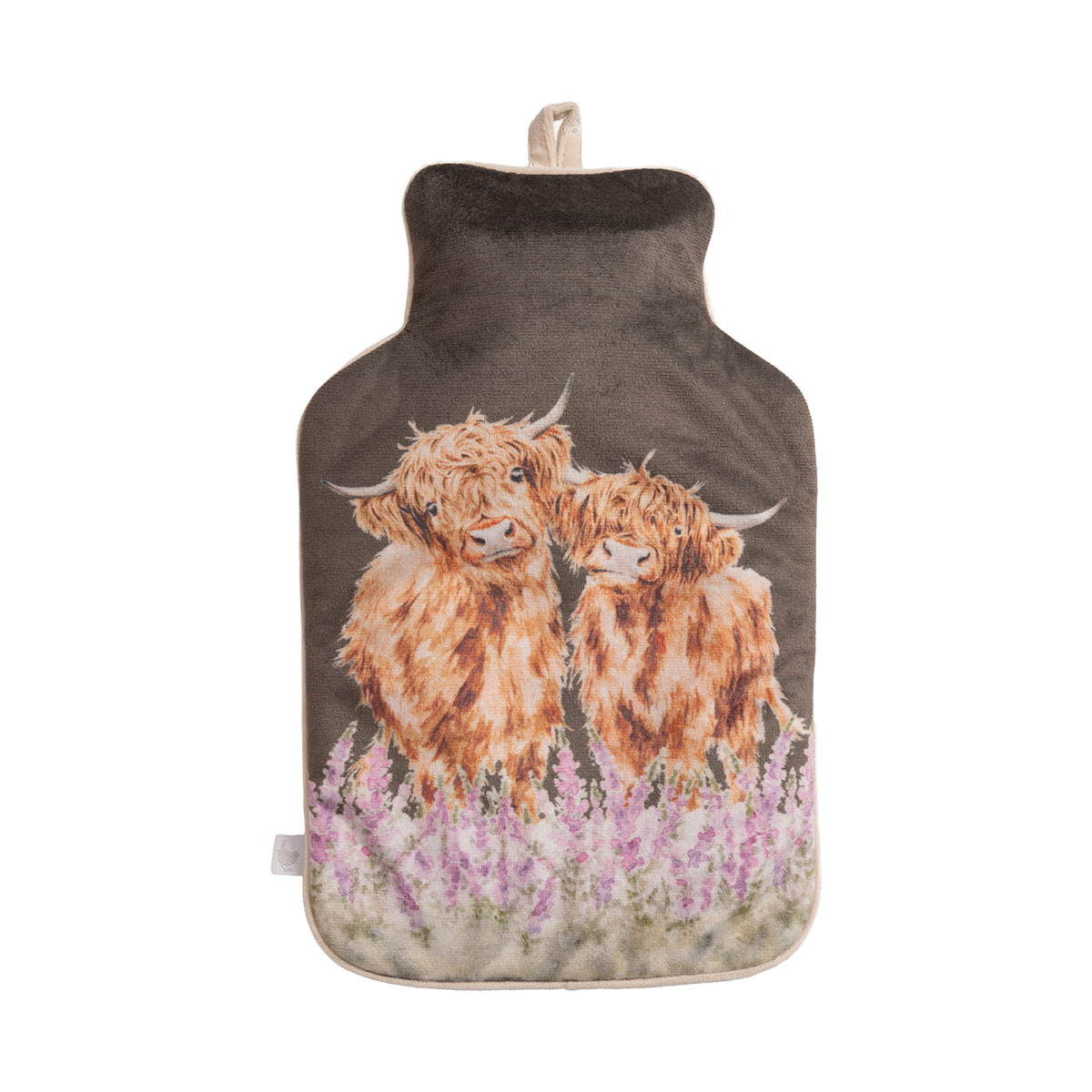 Auf dem Bild ist die Wärmflasche Highlandkuh "Gentle Giants" zu sehen. Sie zeigt das Produkt in Nahaufnahme.