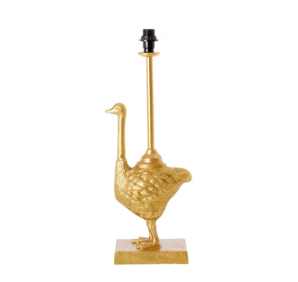 Dies ist eine Metal Lampe in Straußenform in Gold ohne Schirm. Das Bild zeigt das Produkt in glänzender Metalloptik.