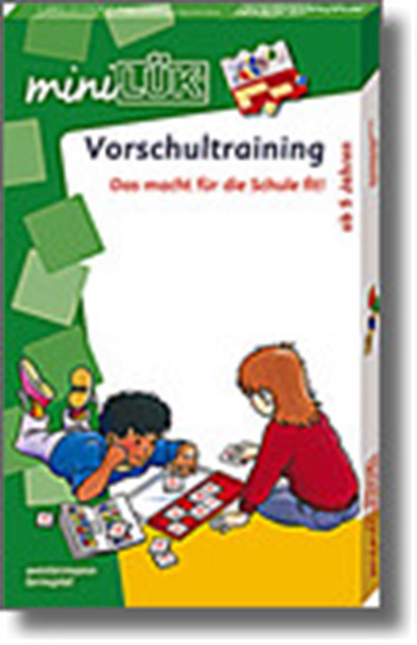 Auf dem Bild ist die Verpackung des Produkts "miniLÜK® Set Vorschultraining 5 Jahre" zu sehen. Zwei Kinder spielen gemeinsam mit dem Lernspiel auf dem Boden.