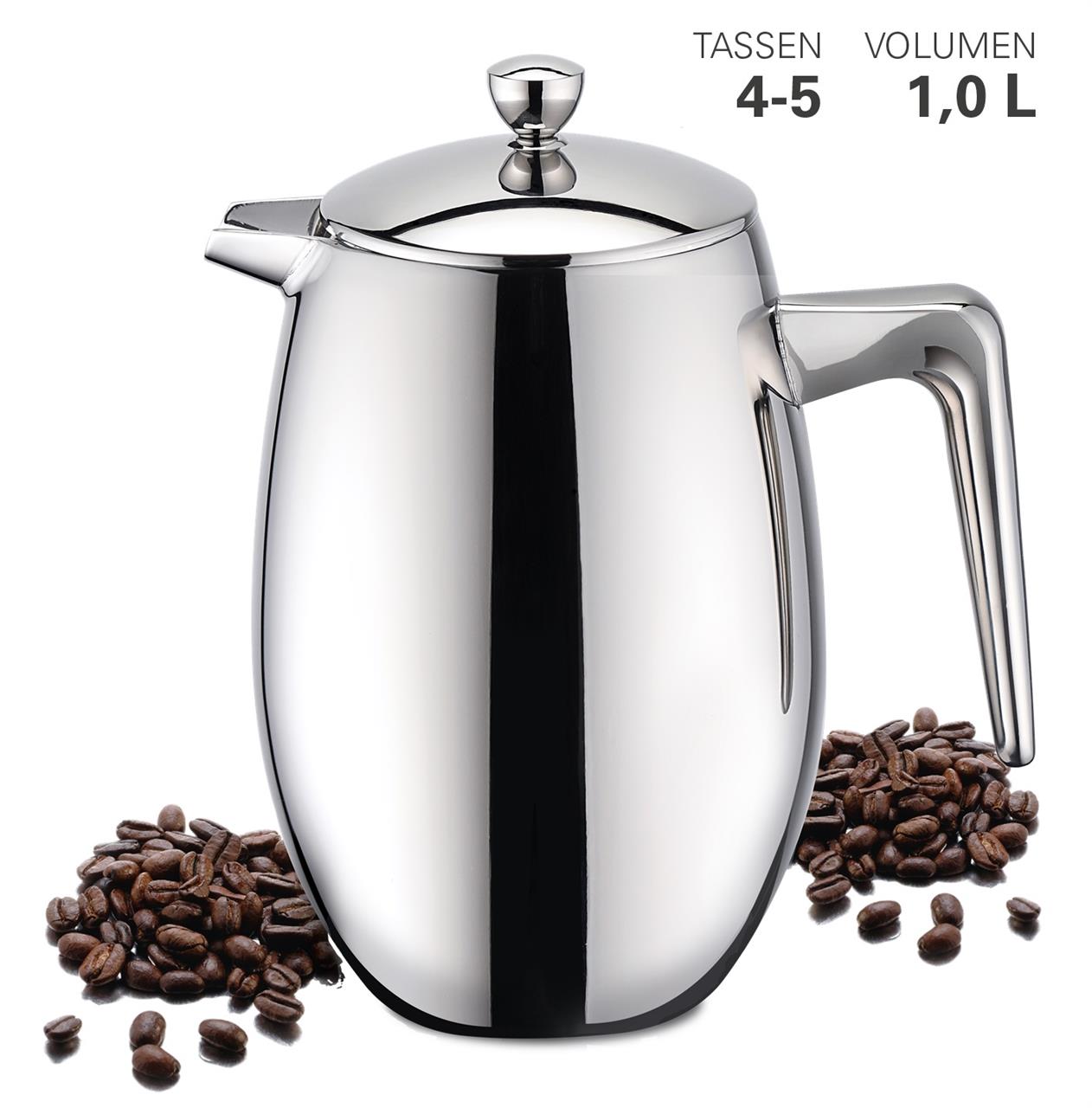 Auf dem Bild ist eine Pressfilterkanne aus Edelstahl mit einem Fassungsvermögen von 1,0 Litern zu sehen. Um die Kanne herum liegen einige Kaffeebohnen.