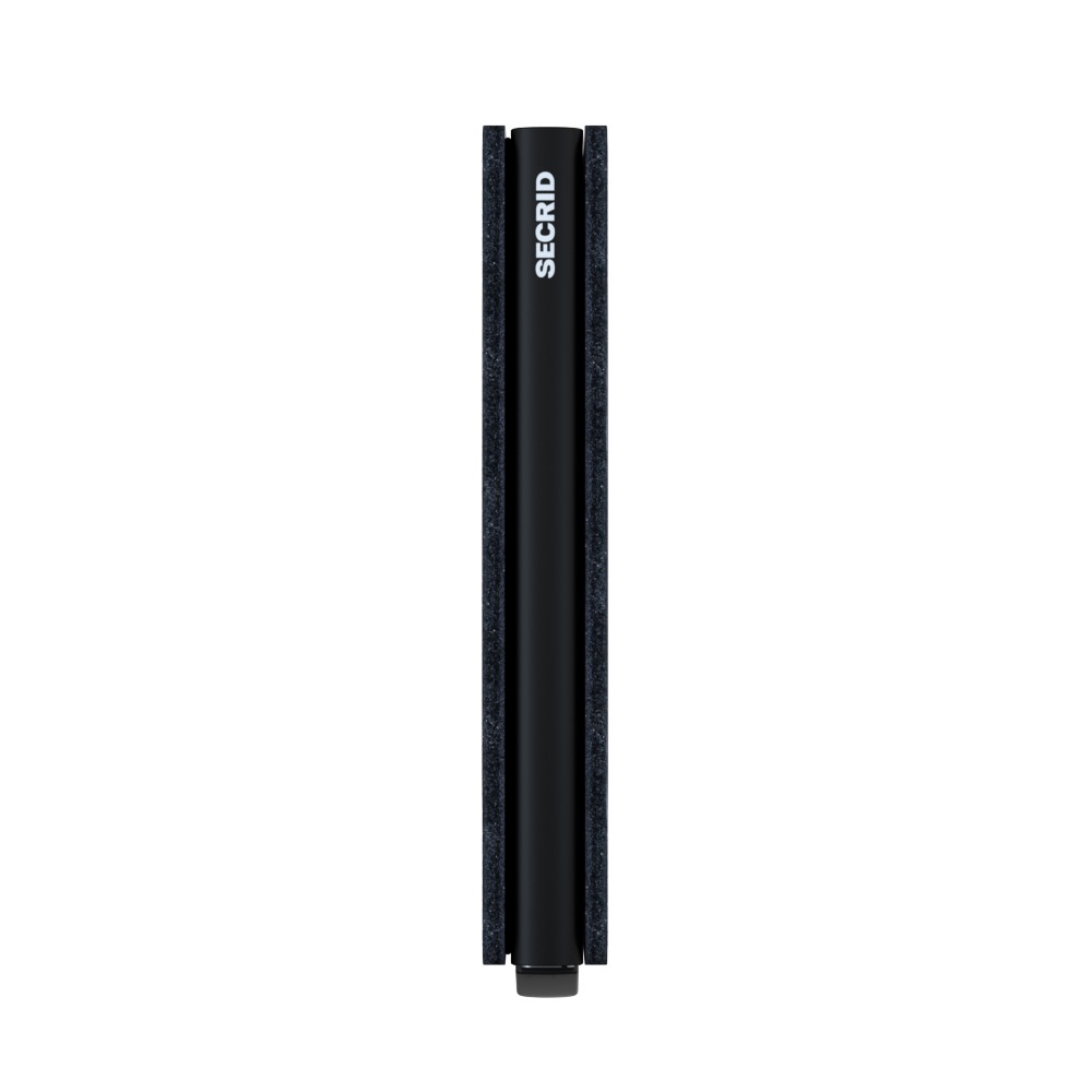 Das Bild zeigt das Produkt „Slimwallet Matte Black“ von der Seite. Die Geldbörse ist schlank und hat eine matte schwarze Oberfläche.