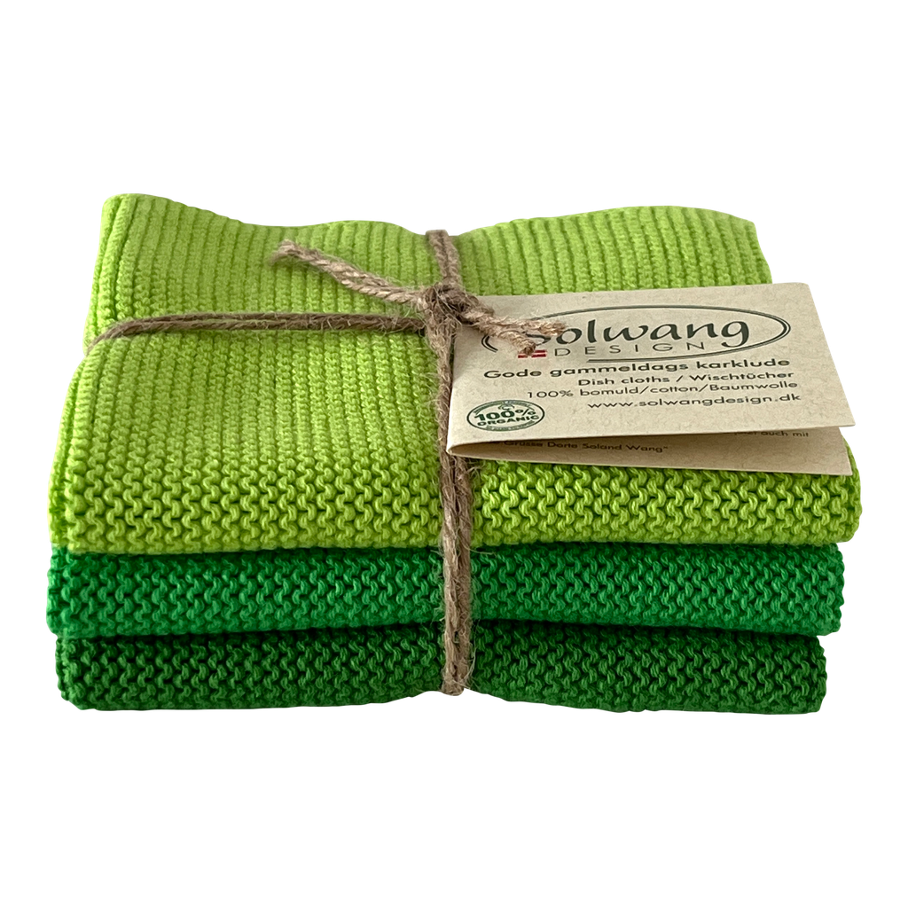 Dreier-Set Spültücher in frischem Grün aus Bio-Baumwolle, jeweils 25x25 cm groß. Sie eignen sich ideal zur Reinigung in der Küche.